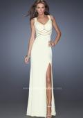Picture of: Long Jersey Prom Gown with Mesh and a Side Leg Slit in White, Style: 19851, Detail Picture 4