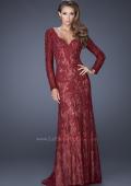 Picture of: Lace Prom Gown with V Neckline and Sheer Lace Sleeves in Red, Style: 19893, Detail Picture 1