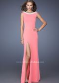 Picture of: Boat Neck Jersey Prom Dress with Side Slit and Pearls in Pink, Style: 19917, Main Picture