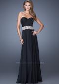 Picture of: Long Strapless Chiffon Gown with Vintage Inspired Belt in Black, Style: 19931, Detail Picture 1