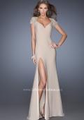 Picture of: Fitted Jersey Prom Dress with Side Leg Slit and V Neck in Nude, Style: 20011, Detail Picture 1