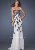 Picture of: Lace Column Prom Gown with Black Lace Appliques in White, Style: 20076, Main Picture
