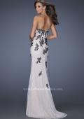 Picture of: Lace Column Prom Gown with Black Lace Appliques in White, Style: 20076, Back Picture