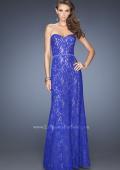 Picture of: Strapless Column Prom Dress with Lace Detail and Belt in Blue, Style: 20107, Main Picture