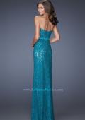 Picture of: Strapless Column Prom Dress with Lace Detail and Belt in Blue, Style: 20107, Back Picture