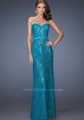 Picture of: Strapless Column Prom Dress with Lace Detail and Belt in Blue, Style: 20107, Detail Picture 1