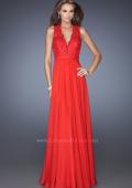 Picture of: V Neck Prom Dress with Gathered Skirt and Illusion Sleeves in Red, Style: 20109, Detail Picture 1