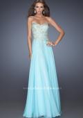 Picture of: Long Strapless Chiffon Prom Dress with Gold Jeweled Lace in Blue, Style: 20114, Detail Picture 1