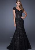 Picture of: Cap Sleeve Lace Mermaid Dress with Open Back in Black, Style: 20117, Detail Picture 3