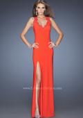 Picture of: Fitted Jersey Prom Gown with V Neckline and Jeweled Lace in Orange, Style: 20125, Main Picture