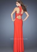 Picture of: Fitted Jersey Prom Gown with V Neckline and Jeweled Lace in Orange, Style: 20125, Back Picture