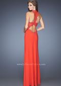 Picture of: Fitted Jersey Prom Gown with V Neckline and Jeweled Lace in Orange, Style: 20125, Detail Picture 1