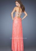 Picture of: Lace Prom Gown with Iridescent Jewel Detailing in Orange, Style: 20385, Back Picture