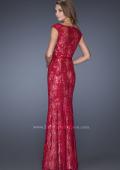Picture of: Lace Evening Gown with Cap Sleeves and Ribbon Belt in Red, Style: 20394, Back Picture