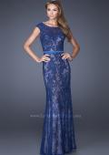 Picture of: Lace Evening Gown with Cap Sleeves and Ribbon Belt in Blue, Style: 20394, Detail Picture 1