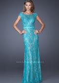 Picture of: Lace Evening Gown with Cap Sleeves and Ribbon Belt in Blue, Style: 20394, Detail Picture 2