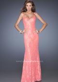 Picture of: Long Sequin and Lace Prom Dress with V Shaped Back in Orange, Style: 20431, Main Picture