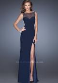 Picture of: Fitted Jersey Prom Dress with Sheer Net Detail and Slit in Blue, Style: 20438, Main Picture