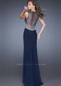 Picture of: Fitted Jersey Prom Dress with Sheer Net Detail and Slit in Blue, Style: 20438, Back Picture
