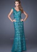 Picture of: Bold Lace Dress with V Neckline and Thin Belt in Blue, Style: 20450, Detail Picture 1