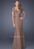 Picture of: Cap Sleeve Lace Evening Dress with Belted Waist in Brown, Style: 20464, Detail Picture 1