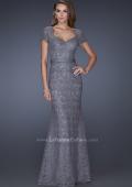 Picture of: Cap Sleeve Lace Evening Dress with Belted Waist in Silver, Style: 20464, Detail Picture 2