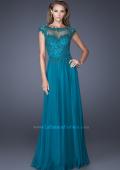 Picture of: Cap Sleeve Chiffon Evening Dress with Lace Accents in Blue, Style: 20476, Detail Picture 1