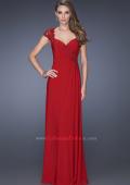 Picture of: Evening Gown with Lace, Ruching, and Cap Sleeves in Red, Style: 20487, Detail Picture 1