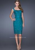 Picture of: Long Lace Gown with Belt, Slit, and Keyhole Back in Blue, Style: 20515, Main Picture