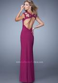 Picture of: Cap Sleeve Beaded Lace Long Jersey Prom Dress in Pink, Style: 20555, Back Picture