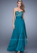 Picture of: Long Chiffon Dress with Tiered Skirt and Jeweled Lace in Blue, Style: 20557, Detail Picture 1