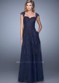 Picture of: Tulle Prom Dress with Lace Applique and Cap Sleeves in Blue, Style: 20558, Detail Picture 1
