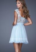 Picture of: Short Chiffon Prom Dress with Jeweled Lace Accents in Blue, Style: 20618, Main Picture