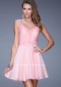 Picture of: Short Chiffon Prom Dress with Jeweled Lace Accents in Pink, Style: 20618, Detail Picture 1