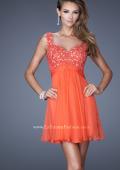 Picture of: Short Chiffon Prom Dress with Jeweled Lace Bodice in Orange, Style: 20631, Main Picture