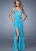 Picture of: Sleeveless Jersey Gown with Lace Bodice and Slit in Blue, Style: 20640, Detail Picture 1