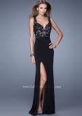 Picture of: Sleeveless Jersey Gown with Lace Bodice and Slit in Black, Style: 20640, Detail Picture 3