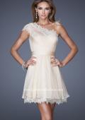 Picture of: One Strap Chiffon Cocktail Dress with Belt and Lace Trim in White, Style: 20663, Main Picture