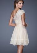 Picture of: One Strap Chiffon Cocktail Dress with Belt and Lace Trim in White, Style: 20663, Back Picture