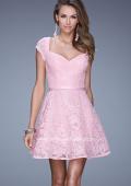 Picture of: Sheer Cap Sleeve Lace Cocktail Dress with Thin Belt in Pink, Style: 20699, Detail Picture 1