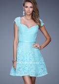 Picture of: Sheer Cap Sleeve Lace Cocktail Dress with Thin Belt in Aqua, Style: 20699, Detail Picture 2