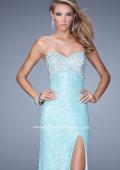 Picture of: Pearl Encrusted Beaded Lace Long Prom Gown in Aqua, Style: 20705, Detail Picture 1