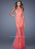 Picture of: Mermaid Gown with Sheer Neckline and Tulle Skirt in Coral, Style: 20722, Detail Picture 4