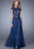 Picture of: Lace Bodice Cap Sleeve Prom Dress with Thin Belt in Navy, Style: 20778, Detail Picture 1