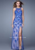 Picture of: Long Jersey Prom Gown with Colored Net Overlay and Lace in Blue, Style: 20811, Main Picture