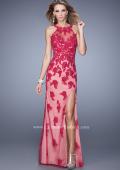 Picture of: Long Jersey Prom Gown with Colored Net Overlay and Lace in Red, Style: 20811, Detail Picture 1