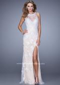 Picture of: Long Jersey Prom Gown with Colored Net Overlay and Lace in White, Style: 20811, Detail Picture 2