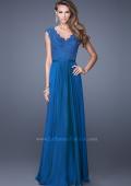 Picture of: V Neck Long Chiffon Dress with Lace and Cap Sleeves in Blue, Style: 20812, Main Picture