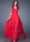 Picture of: V Neck Long Chiffon Dress with Lace and Cap Sleeves in Red, Style: 20812, Detail Picture 1