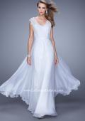 Picture of: V Neck Long Chiffon Dress with Lace and Cap Sleeves in White, Style: 20812, Detail Picture 2